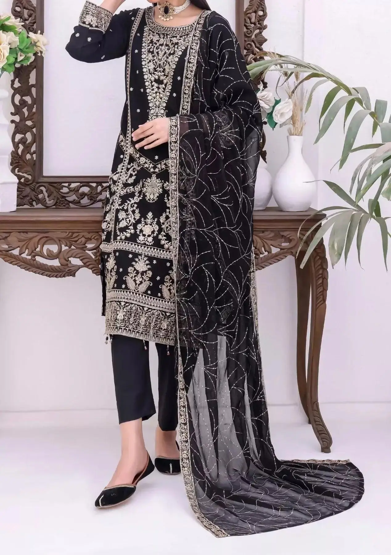 Pakistani Bin Hameed Embroidered Unstitched Chiffon Three Piece - Black 1