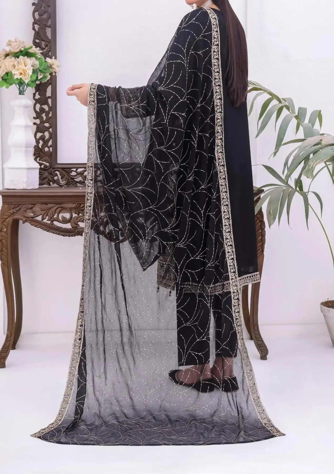 Pakistani Bin Hameed Embroidered Unstitched Chiffon Three Piece - Black 2
