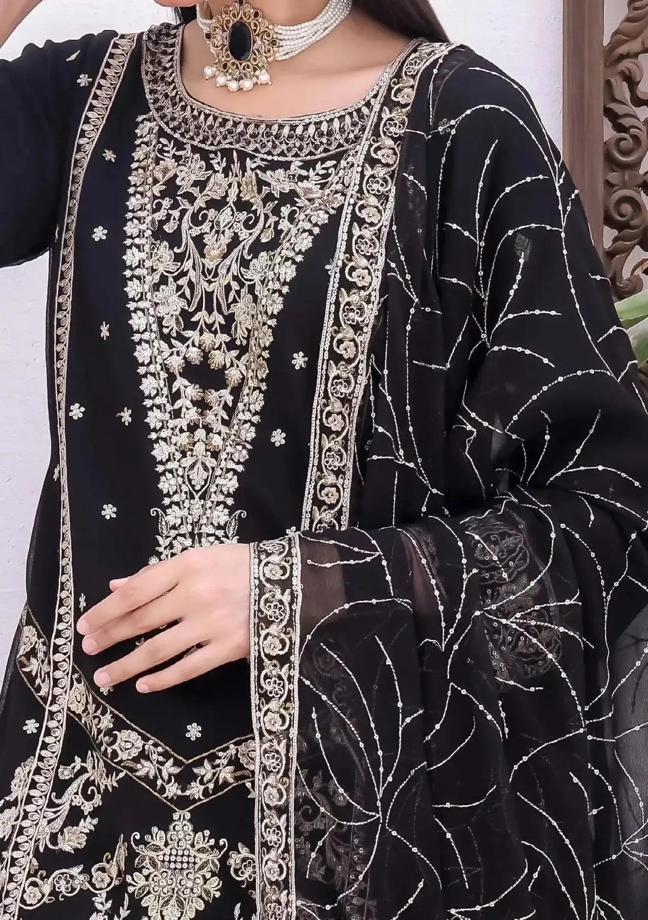 Pakistani Bin Hameed Embroidered Unstitched Chiffon Three Piece - Black 3