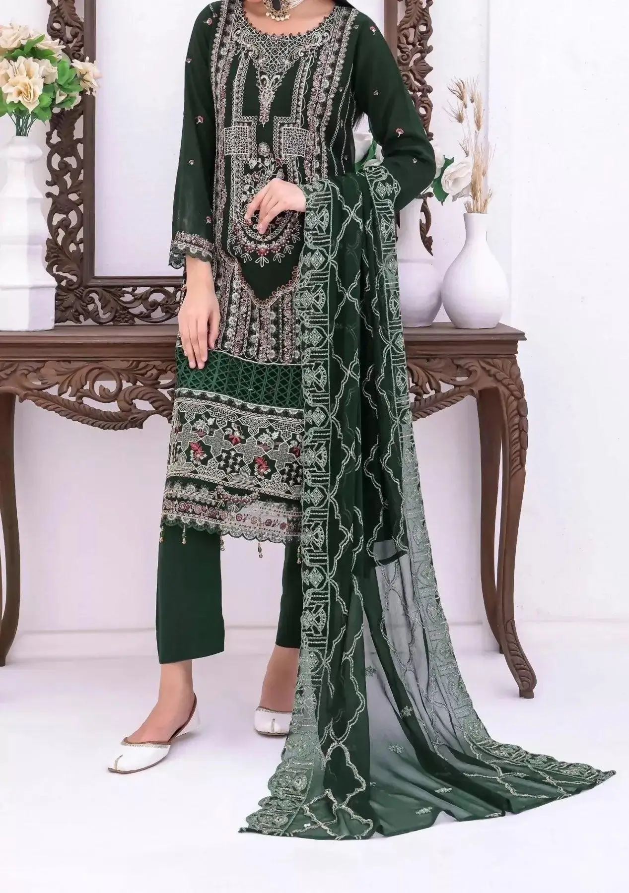 Pakistani Bin Hameed Horain Embroidered Unstitched Chiffon Three Piece - Green 1