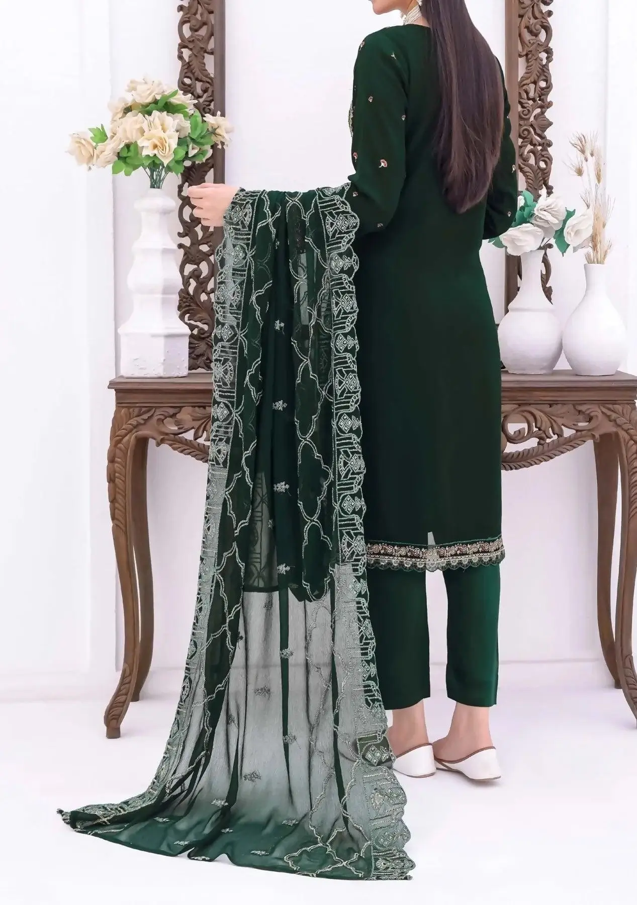 Pakistani Bin Hameed Horain Embroidered Unstitched Chiffon Three Piece - Green 2