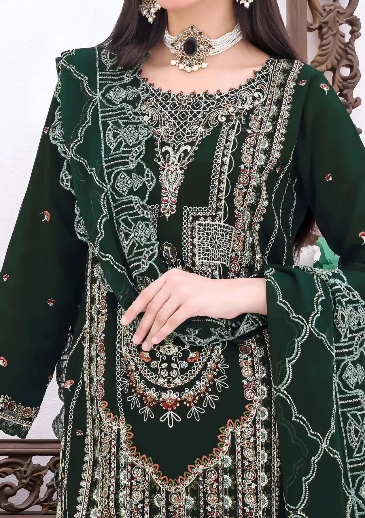 Pakistani Bin Hameed Horain Embroidered Unstitched Chiffon Three Piece - Green 3