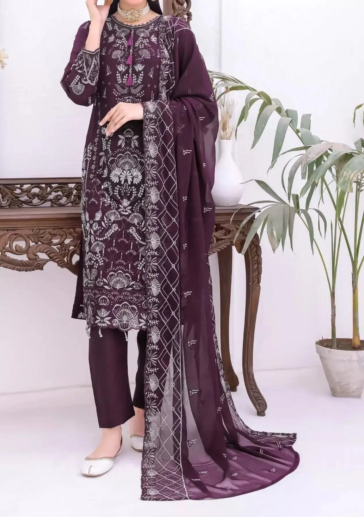 Pakistani Bin Hameed Horain Embroidered Unstitched Chiffon Three Piece - Matterhorn 1