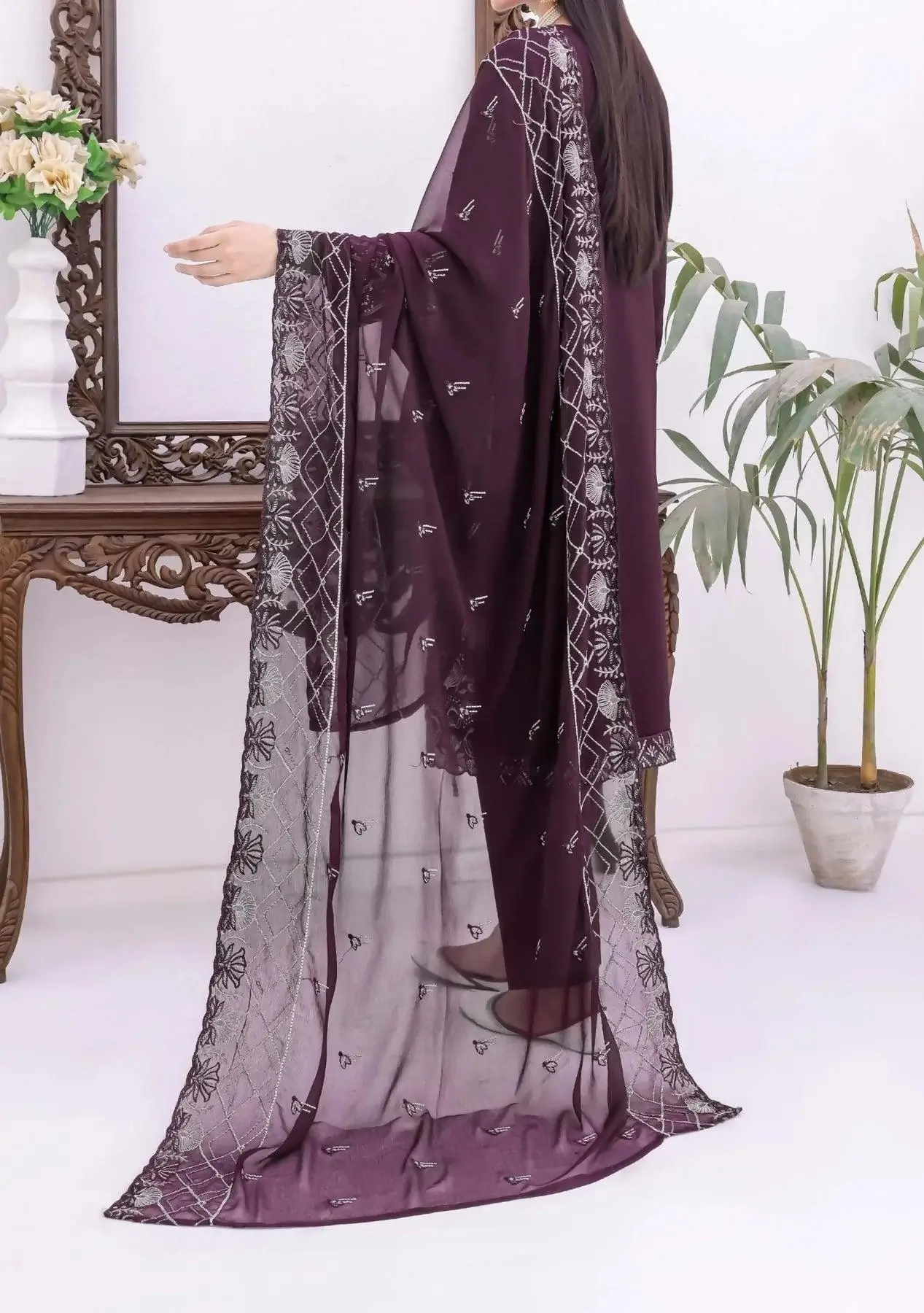 Pakistani Bin Hameed Horain Embroidered Unstitched Chiffon Three Piece - Matterhorn 3