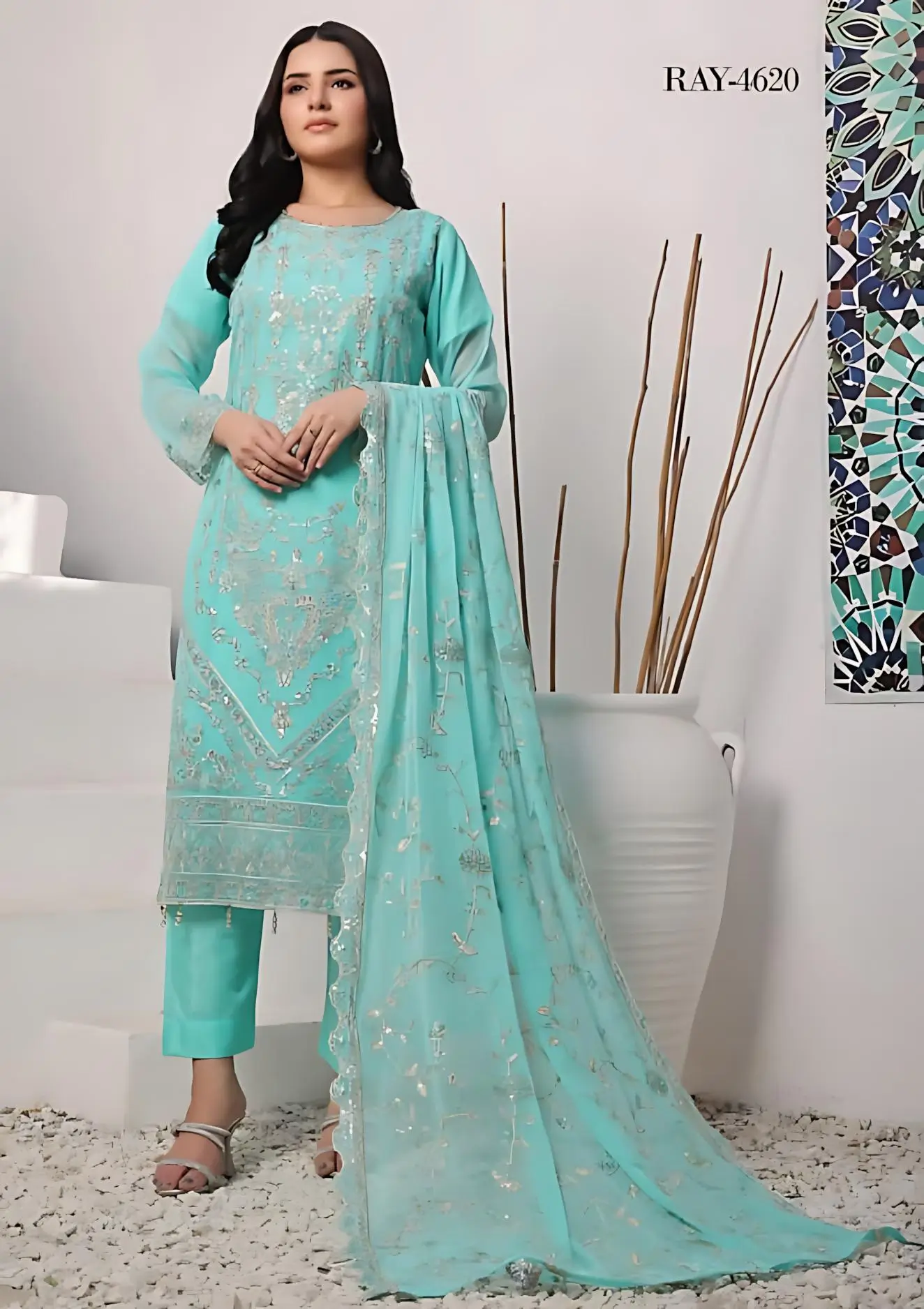 Pakistani Bin Hameed Middhat Embroidered Unstitched Chiffon Three Piece - Downy 1