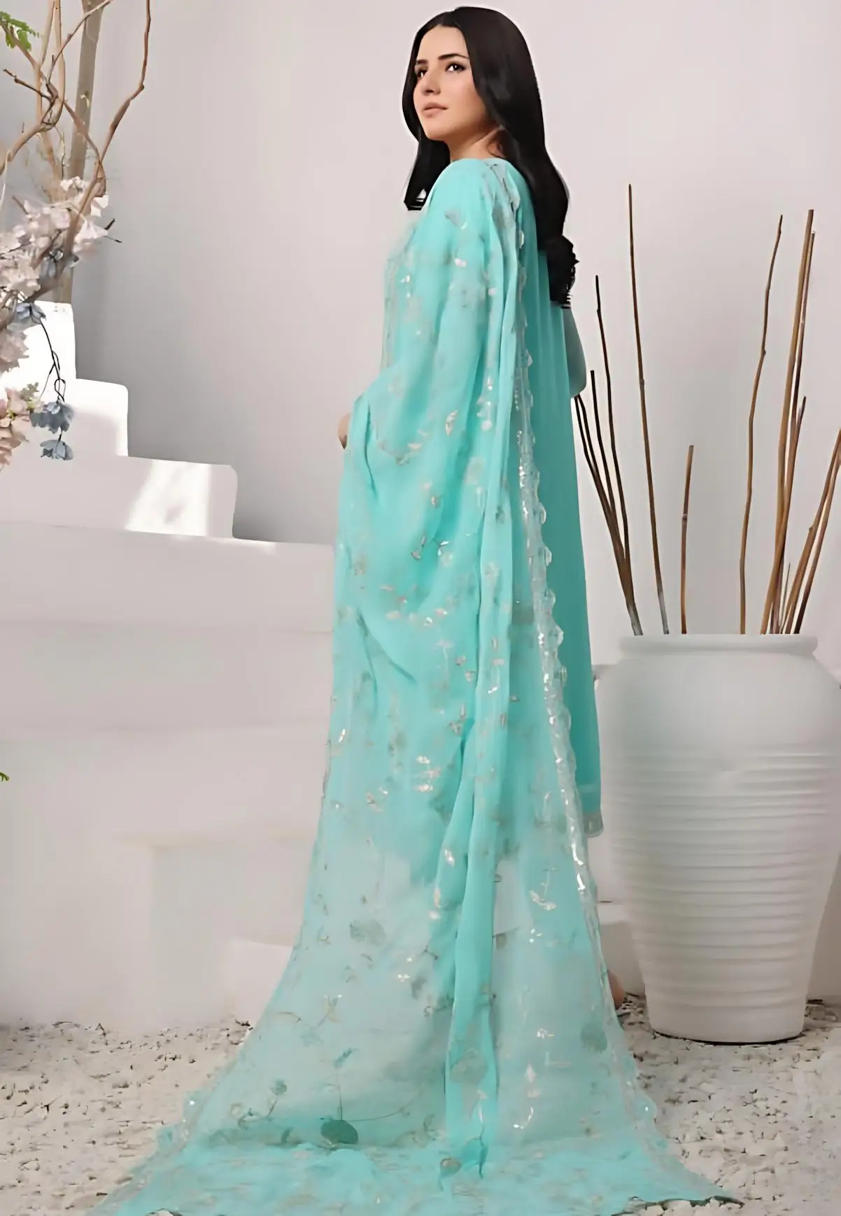 Pakistani Bin Hameed Middhat Embroidered Unstitched Chiffon Three Piece - Downy 2