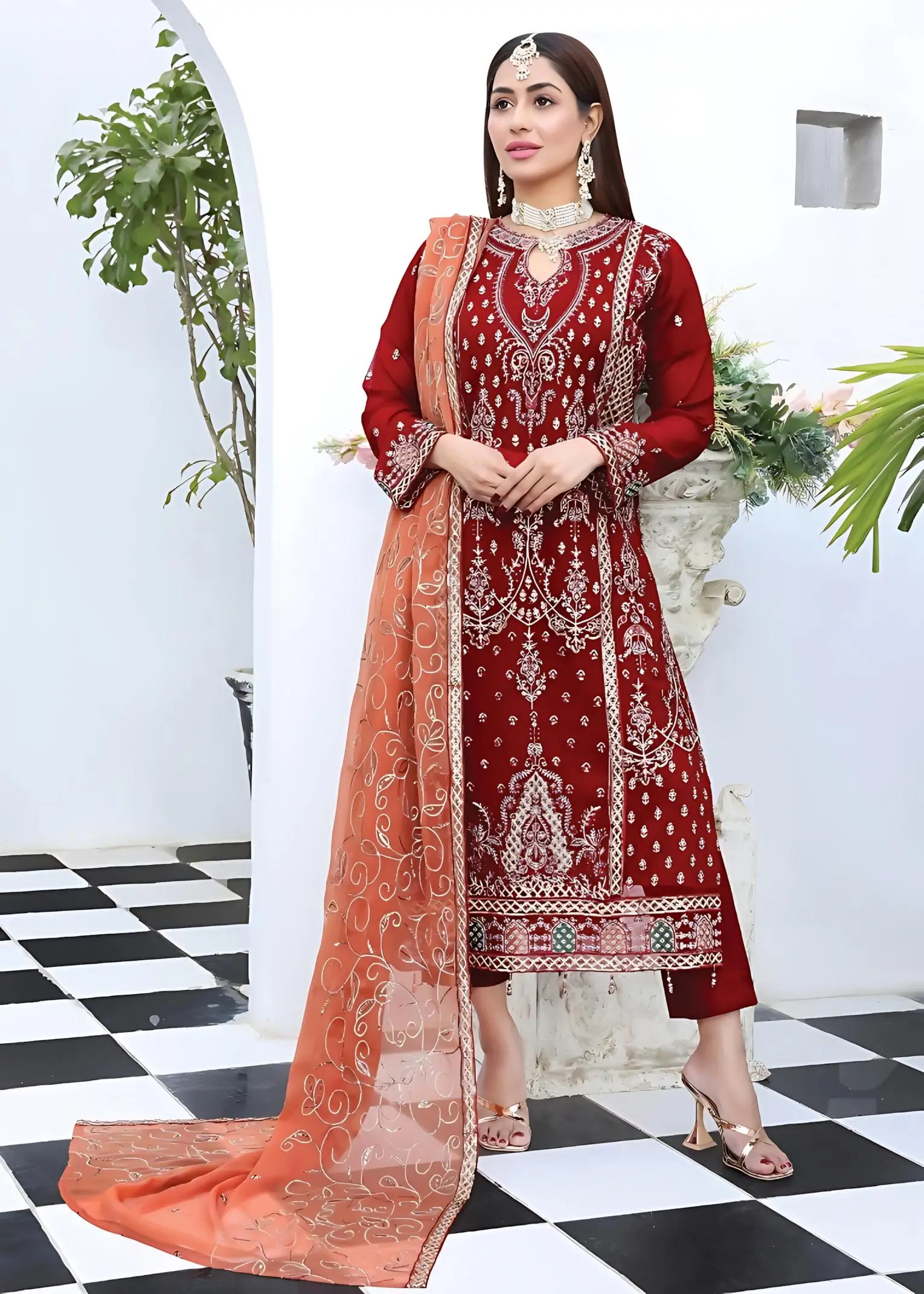 Pakistani Bin Hameed Middhat Embroidered Unstitched Chiffon Three Piece - Tabasco 1