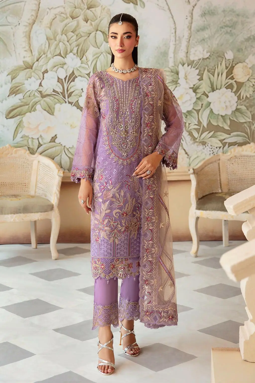 Pakistani Minhal by Ramsha Embroidered Unstitched Organza Three Piece - Purple 1