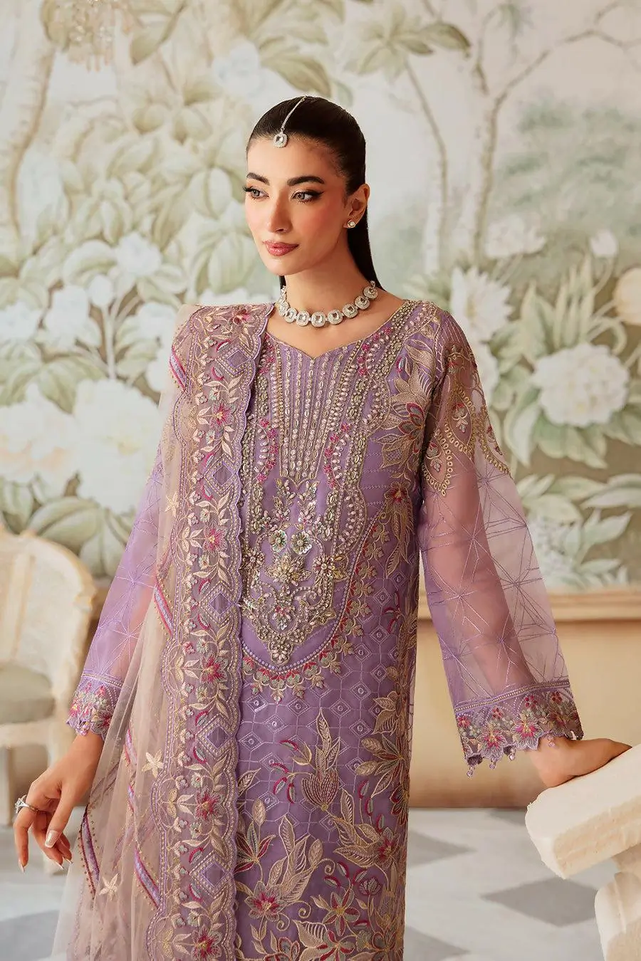 Pakistani Minhal by Ramsha Embroidered Unstitched Organza Three Piece - Purple 2