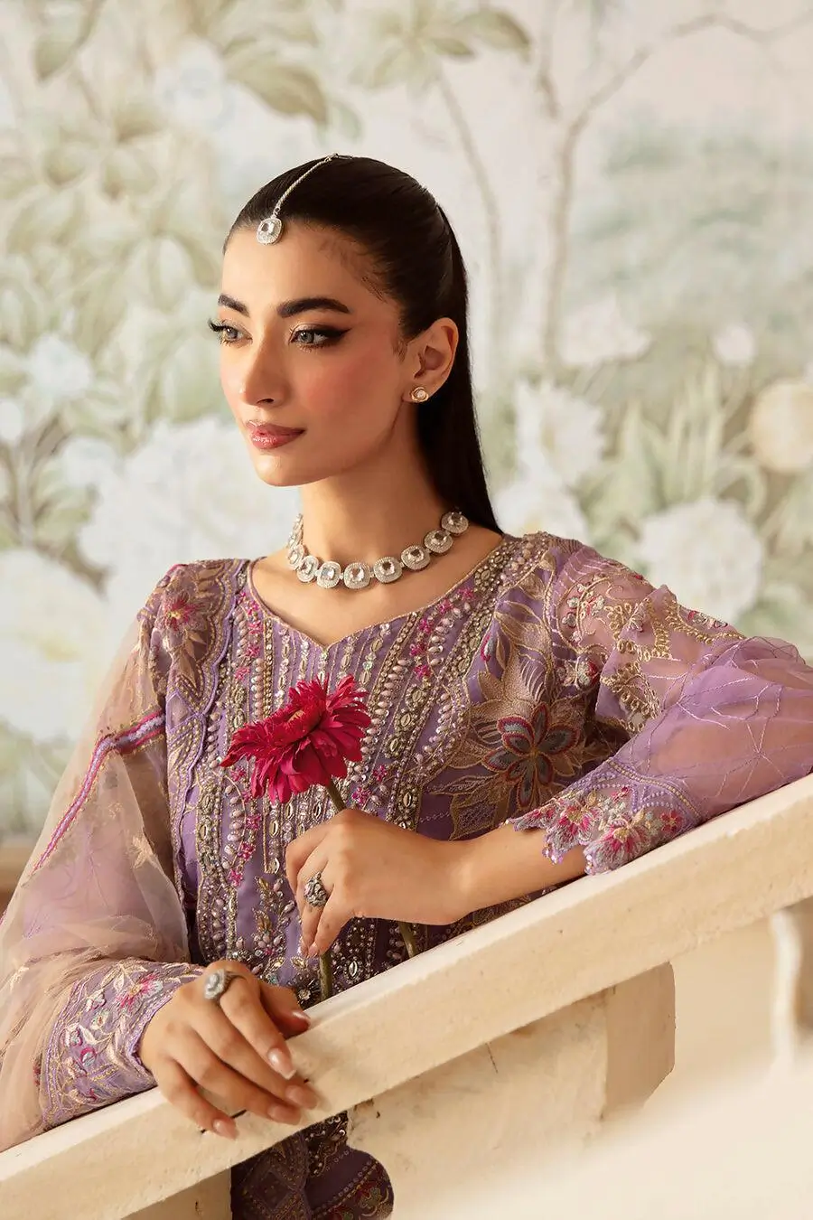 Pakistani Minhal by Ramsha Embroidered Unstitched Organza Three Piece - Purple 3