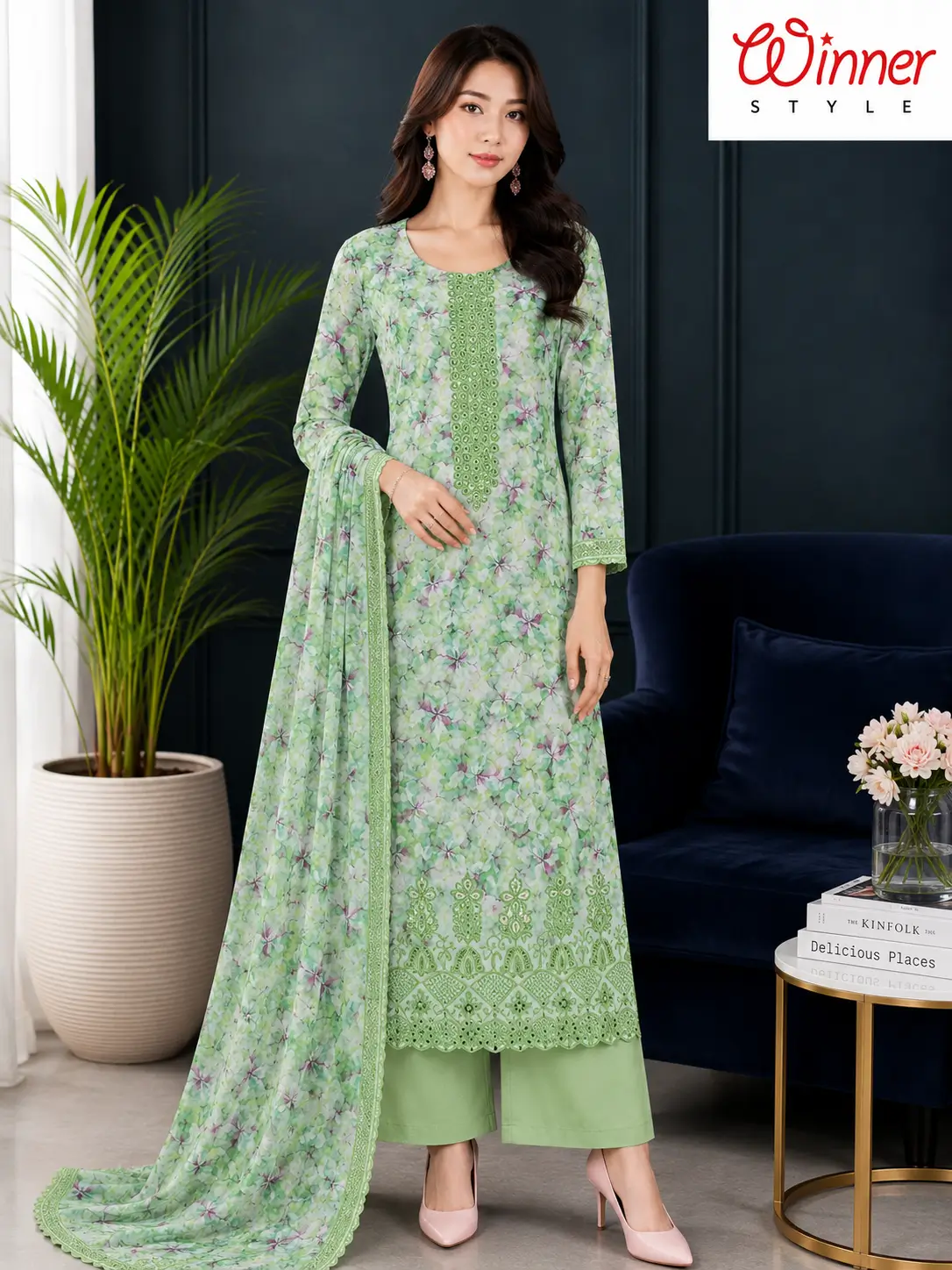 Premium Blue Floral Printed 3-Piece Unstitched Dress Set for Women 1