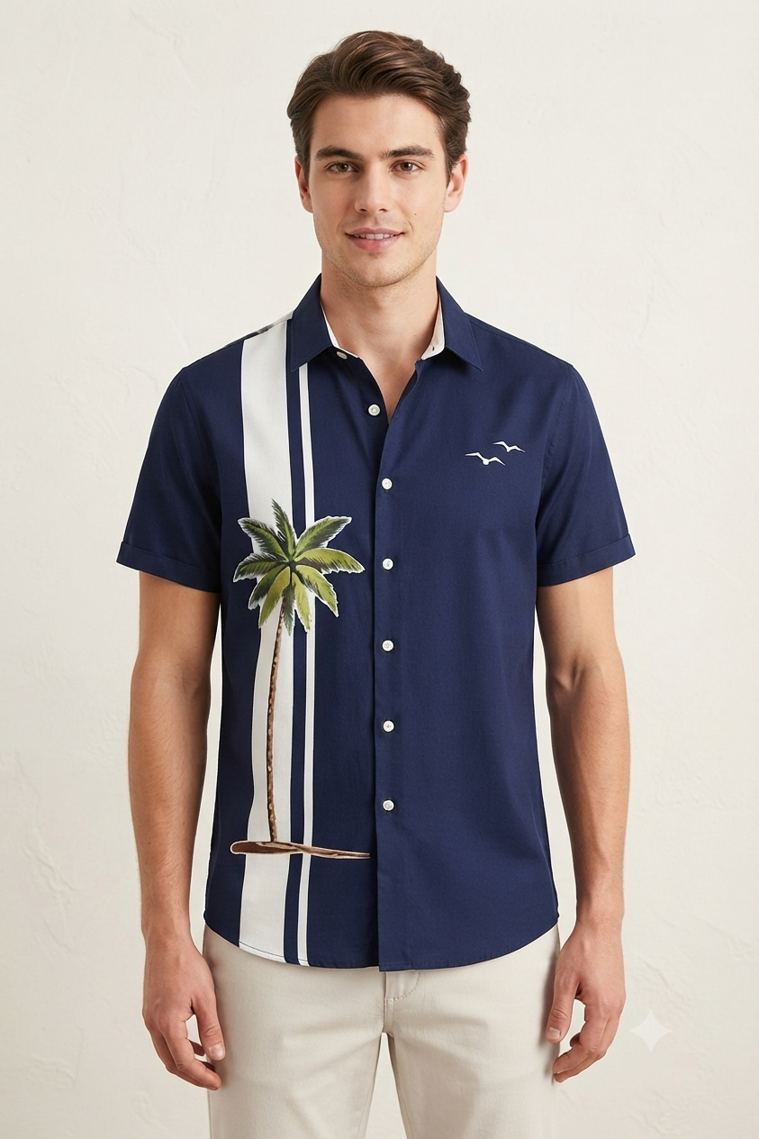 Men's Stylish Palm Tree & Stripe Print Casual Short Sleeve Shirt 2