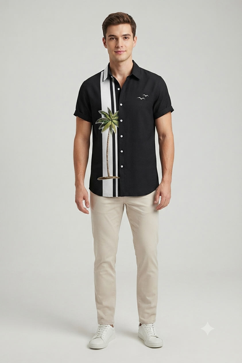 Men's Stylish Palm Tree & Stripe Print Casual Short Sleeve Shirt