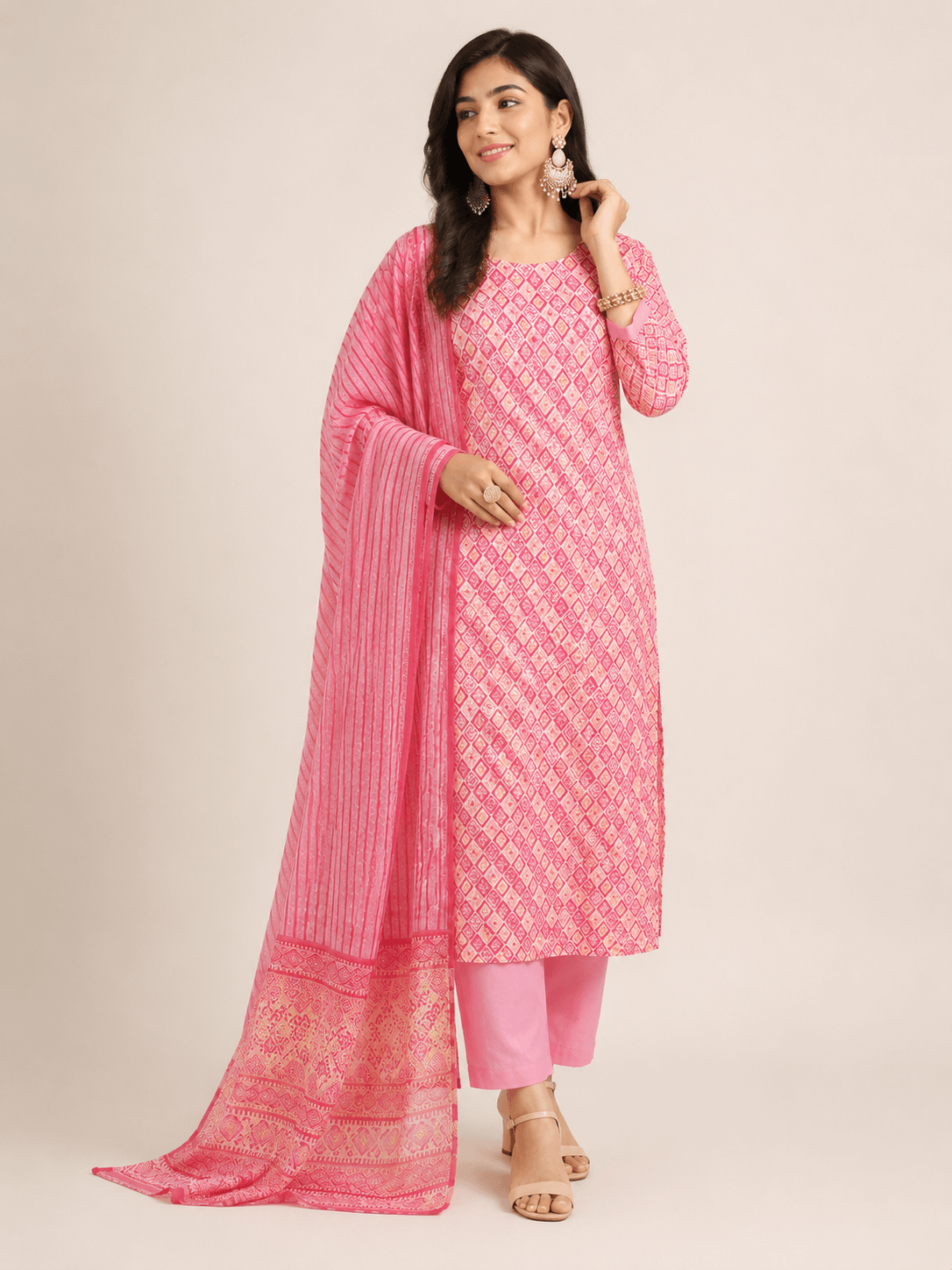Winner Style Unstitched 3 Piece Printed Cotton Dress – Pink 1