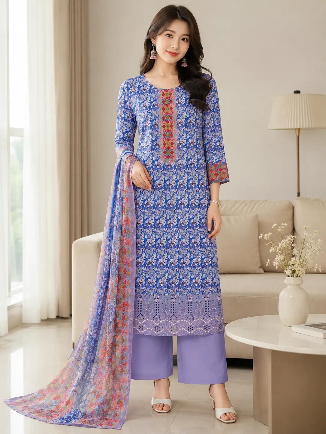 Elegant Blue Printed 3-Piece Unstitched Salwar Kameez Set with Dupatta 1