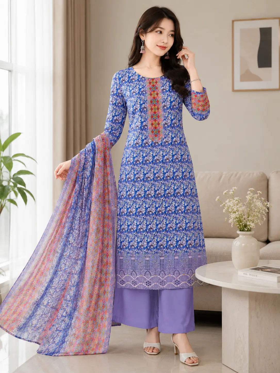 Elegant Blue Printed 3-Piece Unstitched Salwar Kameez Set with Dupatta 3