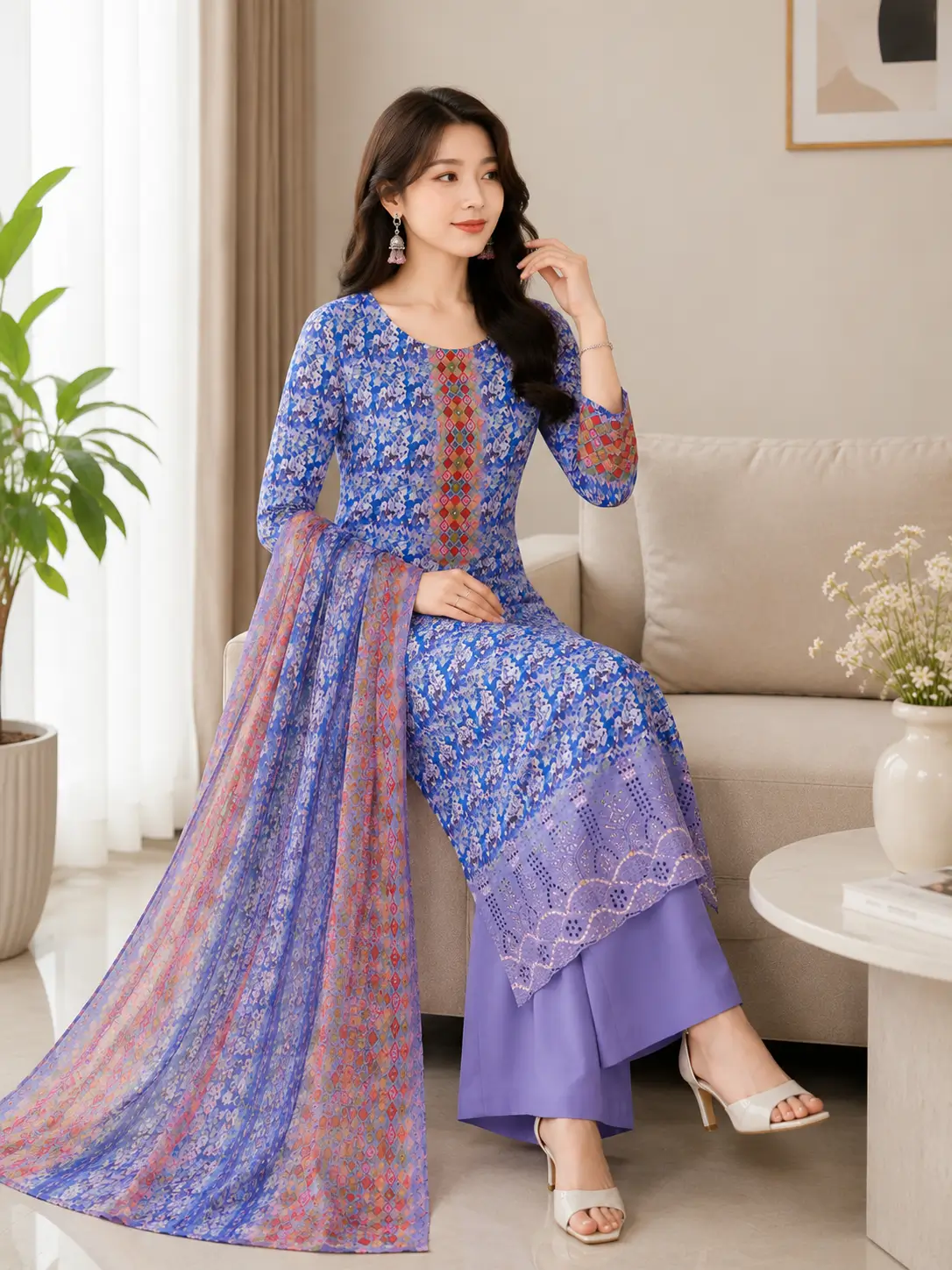 Elegant Blue Printed 3-Piece Unstitched Salwar Kameez Set with Dupatta 2