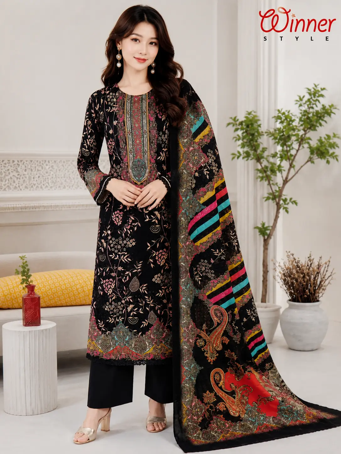 Luxury Blue Printed Unstitched 3-Piece Salwar Kameez Set 3