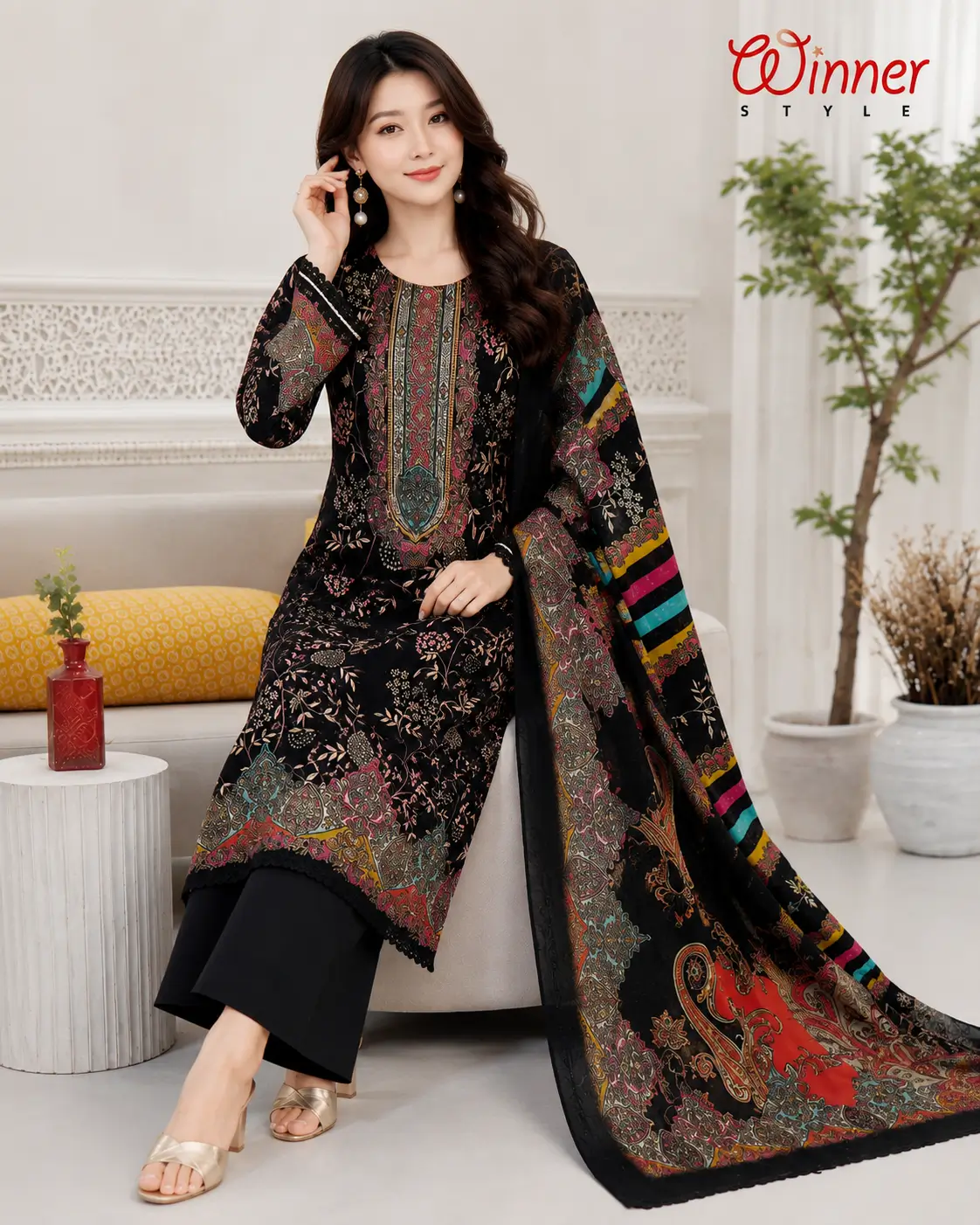 Luxury Blue Printed Unstitched 3-Piece Salwar Kameez Set 2