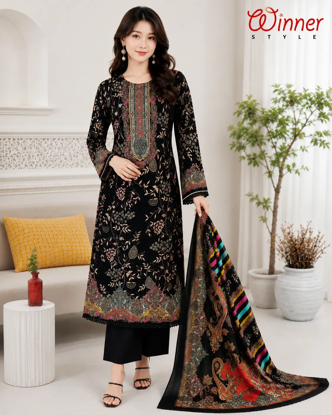 Luxury Blue Printed Unstitched 3-Piece Salwar Kameez Set 1