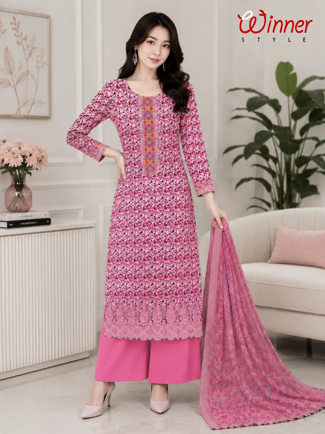 Premium Blue Floral Printed 3-Piece Unstitched Dress Set for Women 3