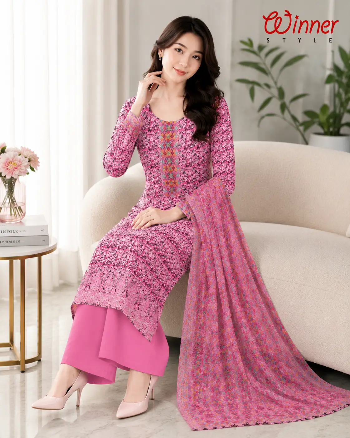 Premium Blue Floral Printed 3-Piece Unstitched Dress Set for Women 2
