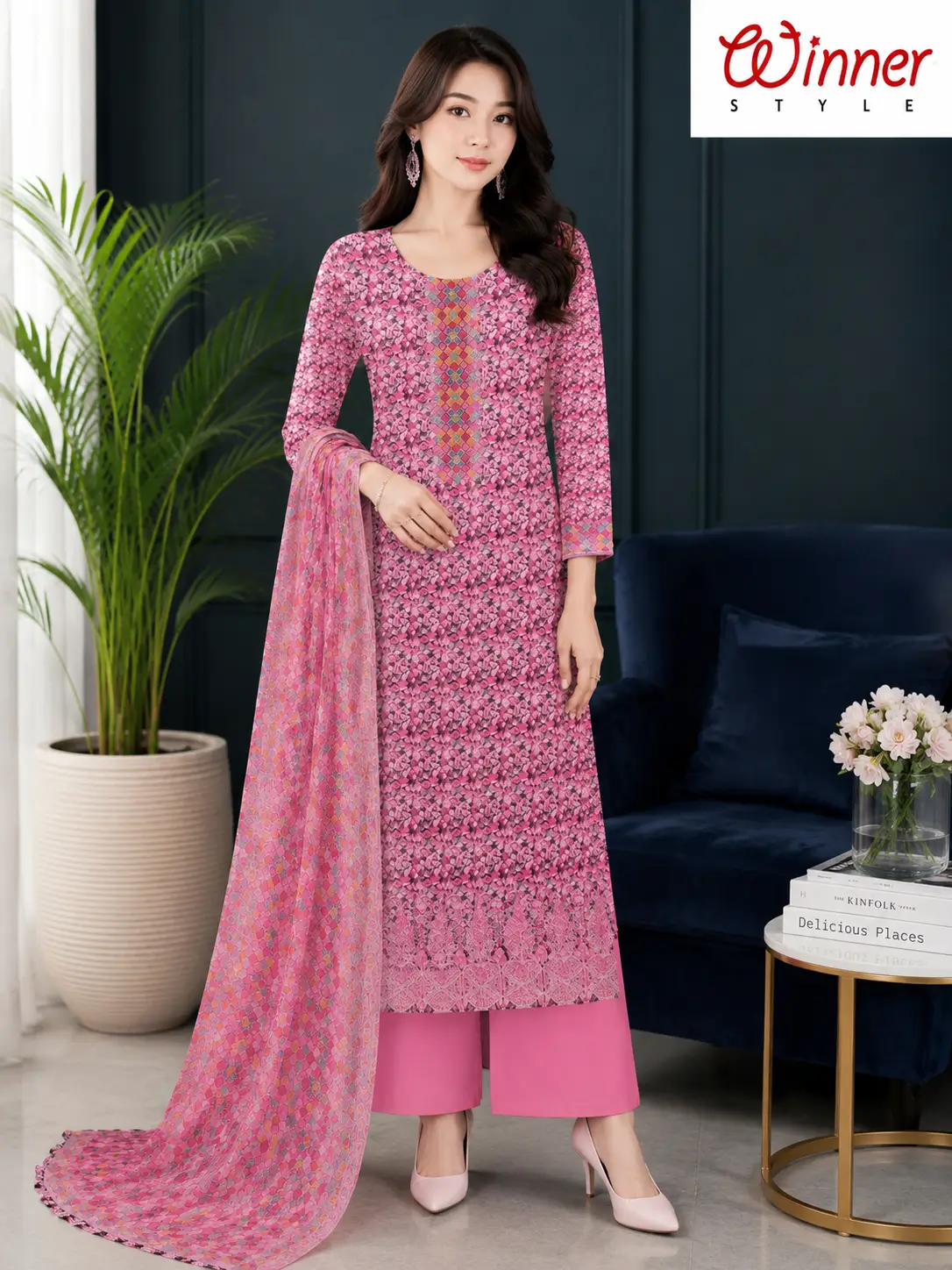 Premium Blue Floral Printed 3-Piece Unstitched Dress Set for Women 1