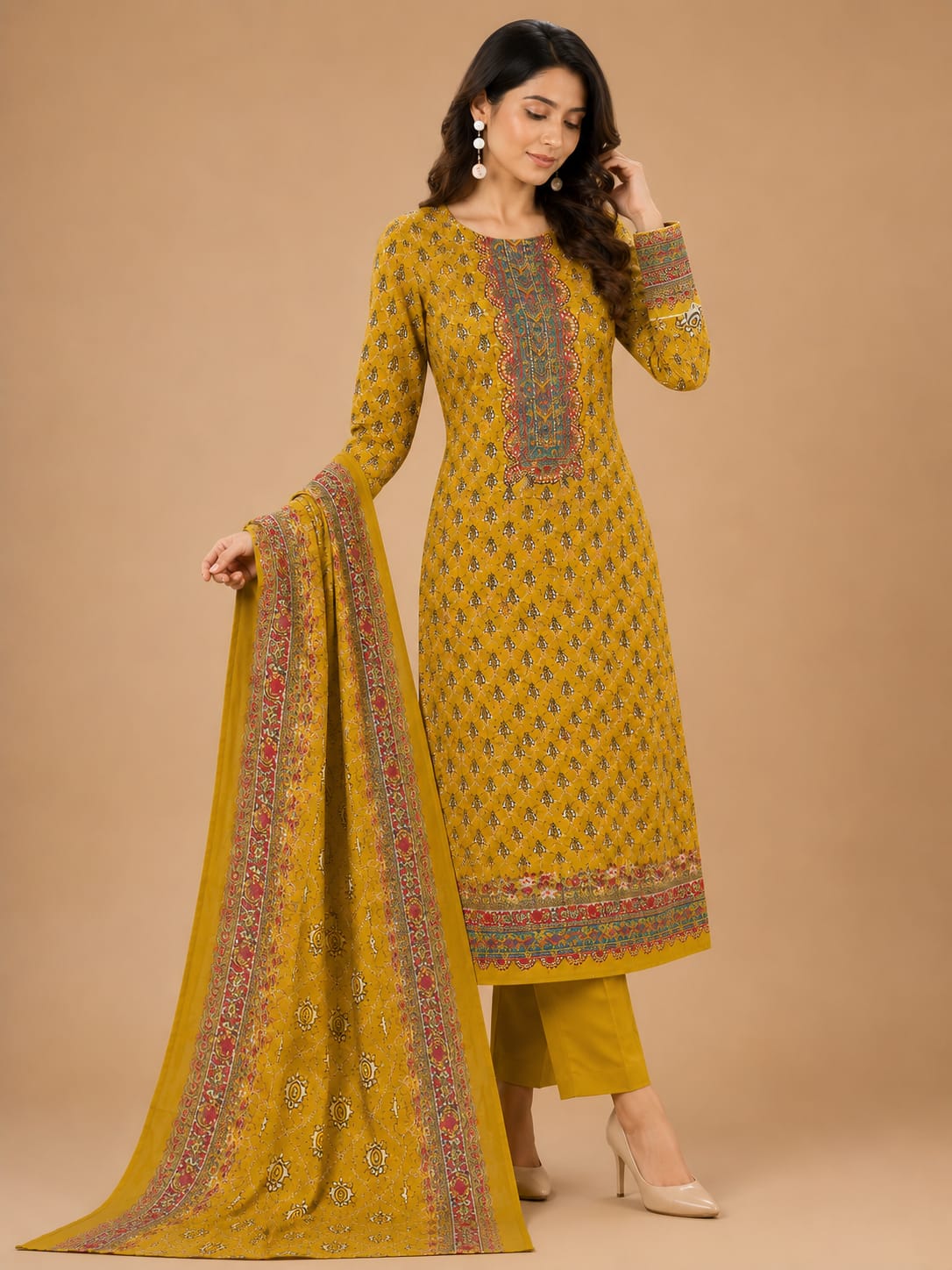 Winner Style Unstitched 3 Piece Printed Cotton Dress – Mustard Yellow 2