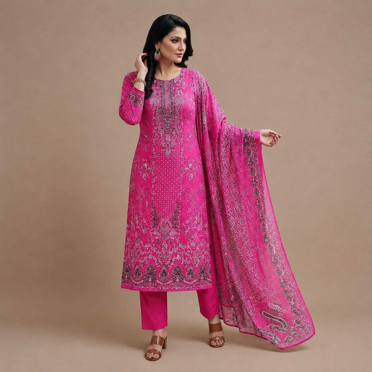 Winner Brand Premium Unstitched 3 Piece Printed Salwar Kameez Set – Pink 1