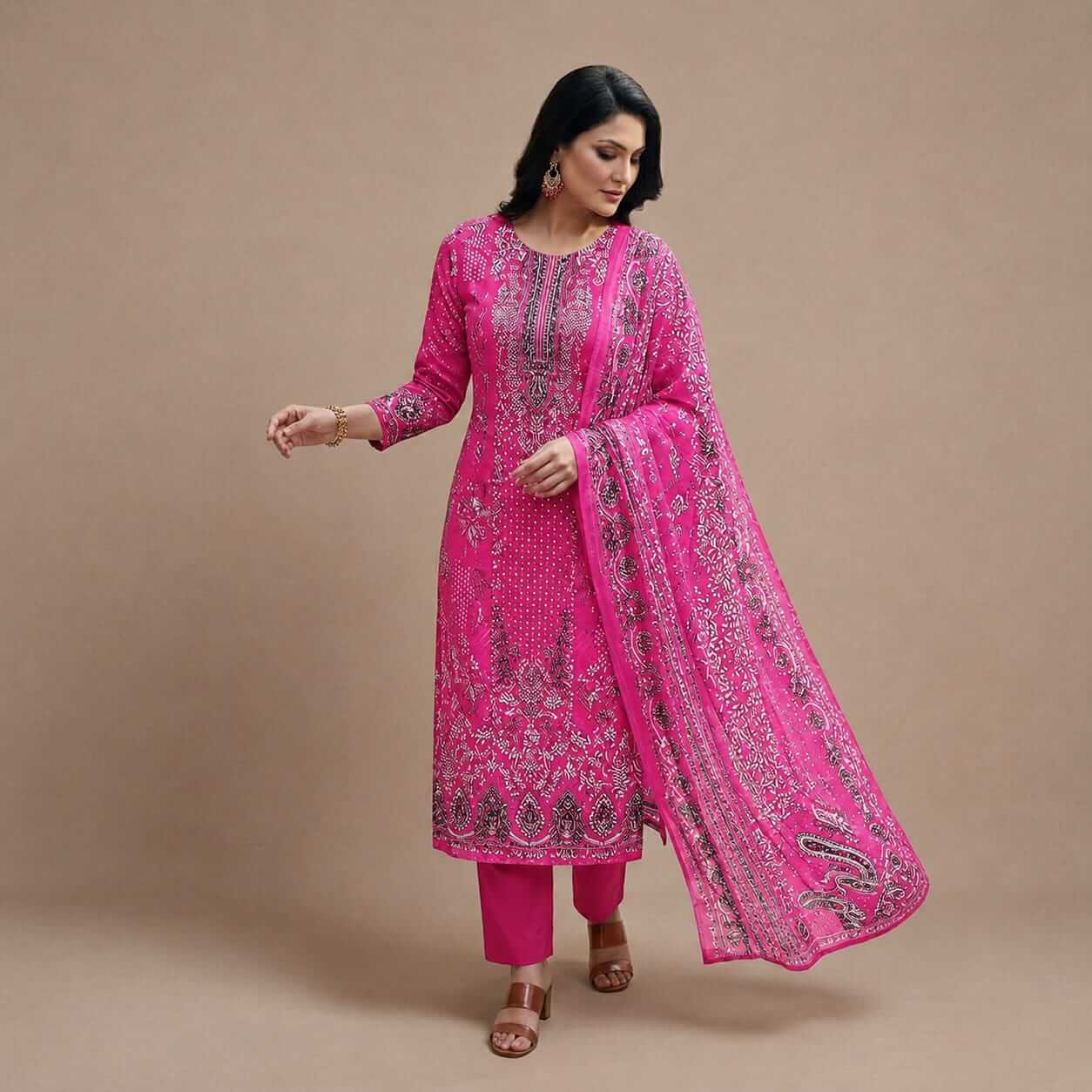 Winner Brand Premium Unstitched 3 Piece Printed Salwar Kameez Set – Pink 2