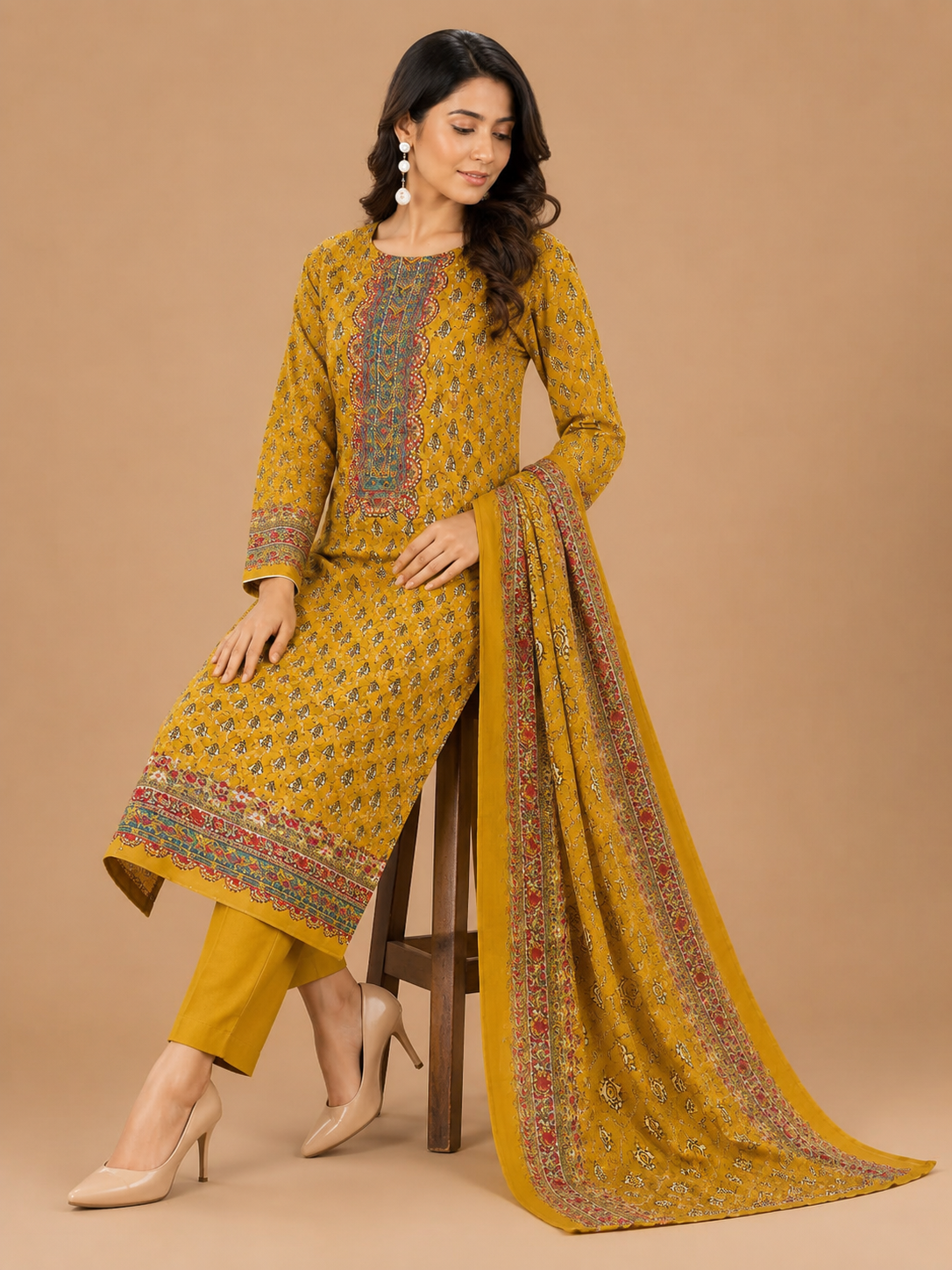 Winner Style Unstitched 3 Piece Printed Cotton Dress – Mustard Yellow 3