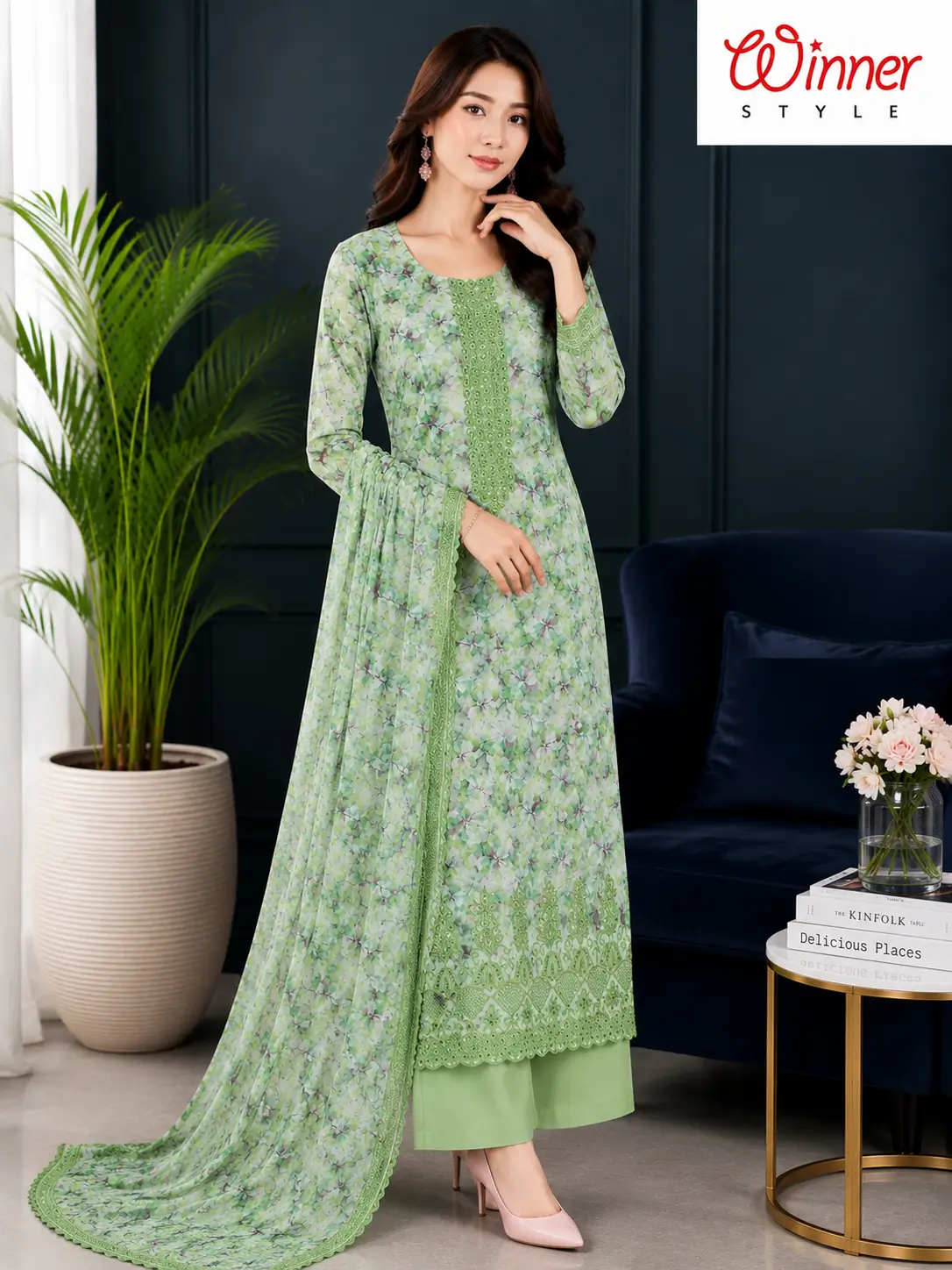 Premium Blue Floral Printed 3-Piece Unstitched Dress Set for Women 2