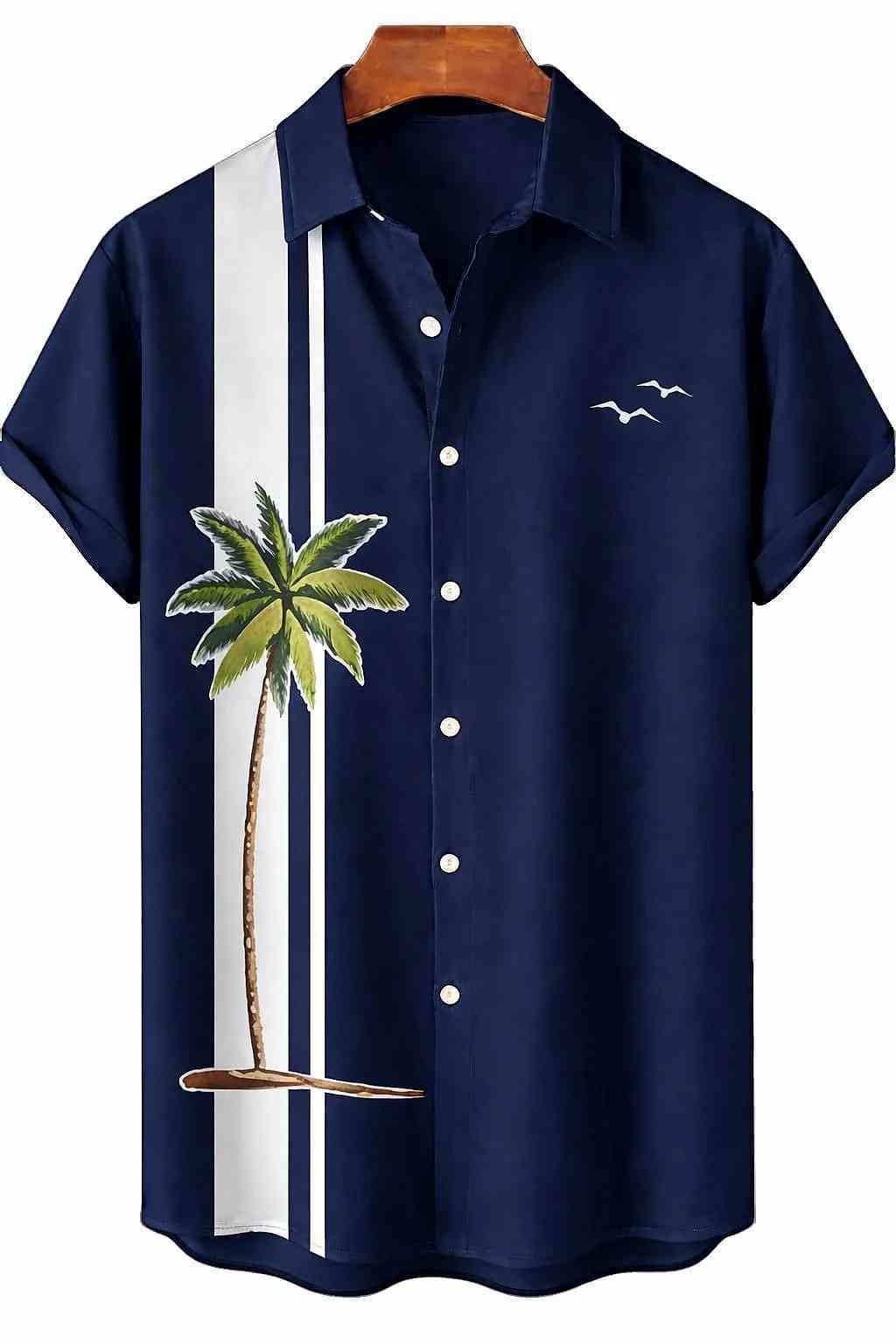 Men's Stylish Palm Tree & Stripe Print Casual Short Sleeve Shirt 3