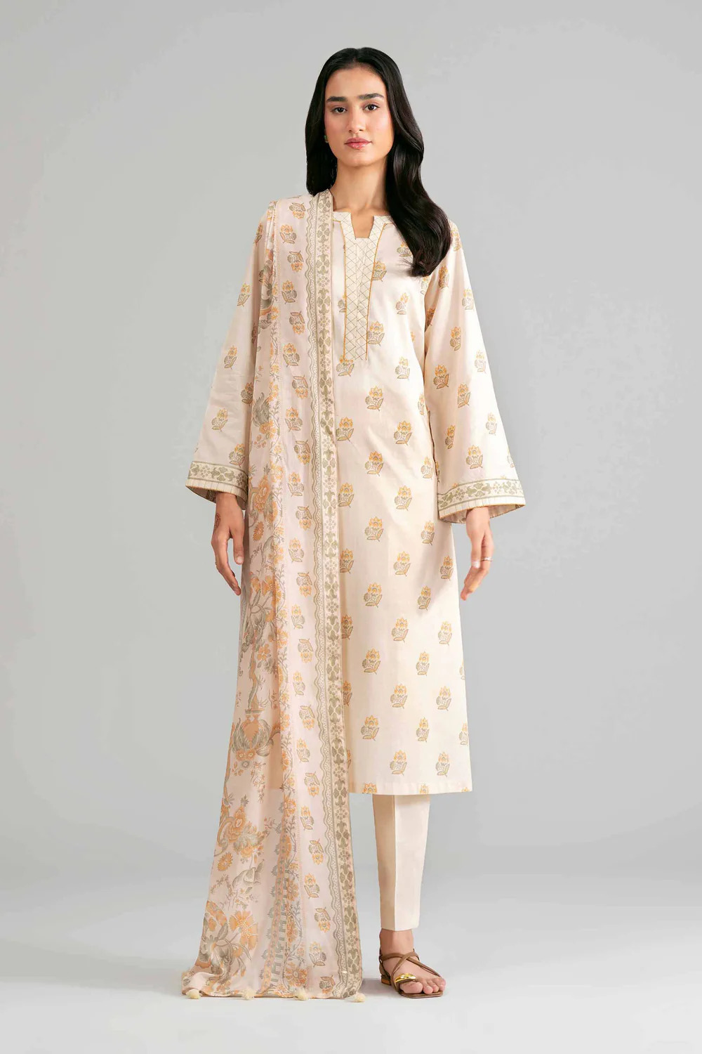 Pakistani Nishat Linen Unstitched Lawn Three Piece - Beige 1