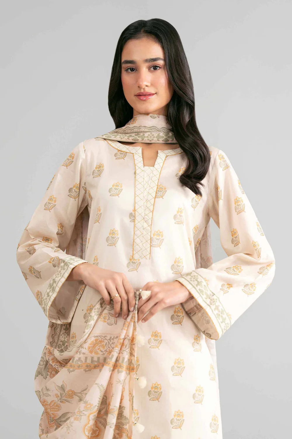 Pakistani Nishat Linen Unstitched Lawn Three Piece - Beige 2
