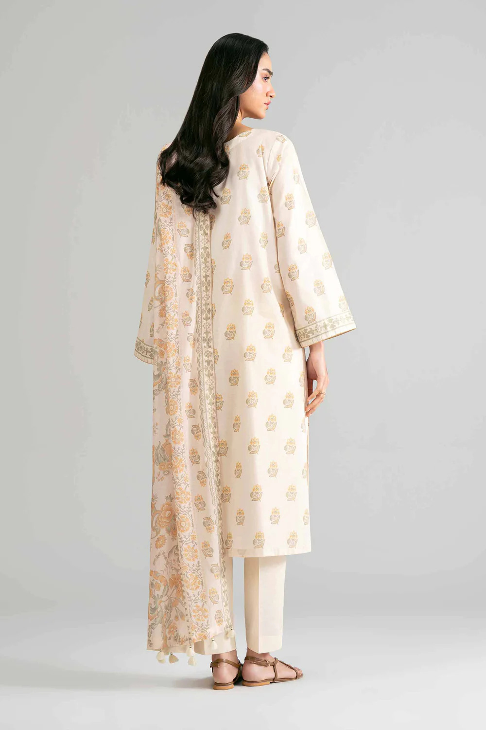 Pakistani Nishat Linen Unstitched Lawn Three Piece - Beige 3
