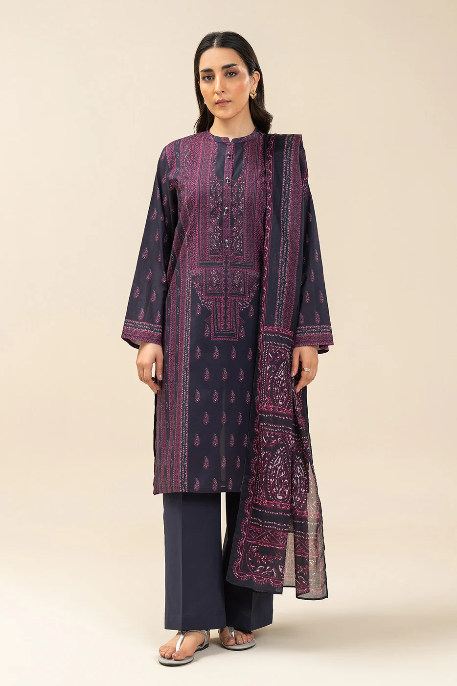 Pakistani Beechtree Lawn Unstitched Three Piece- Violet x Black 5