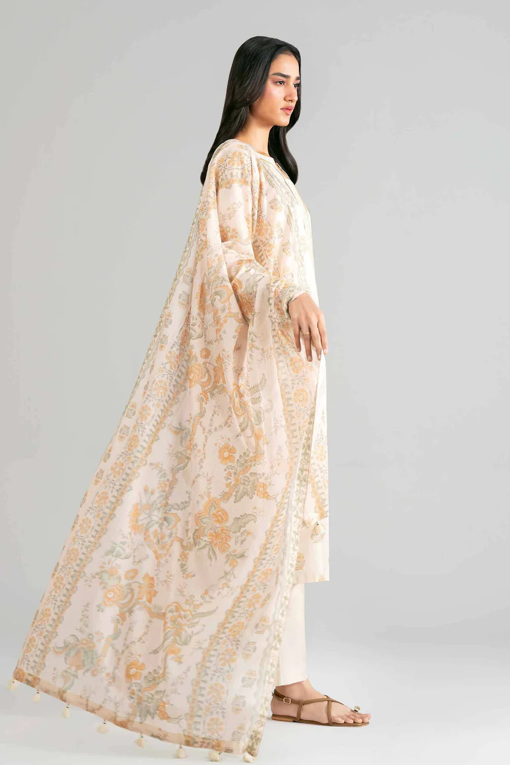 Pakistani Nishat Linen Unstitched Lawn Three Piece - Beige 4