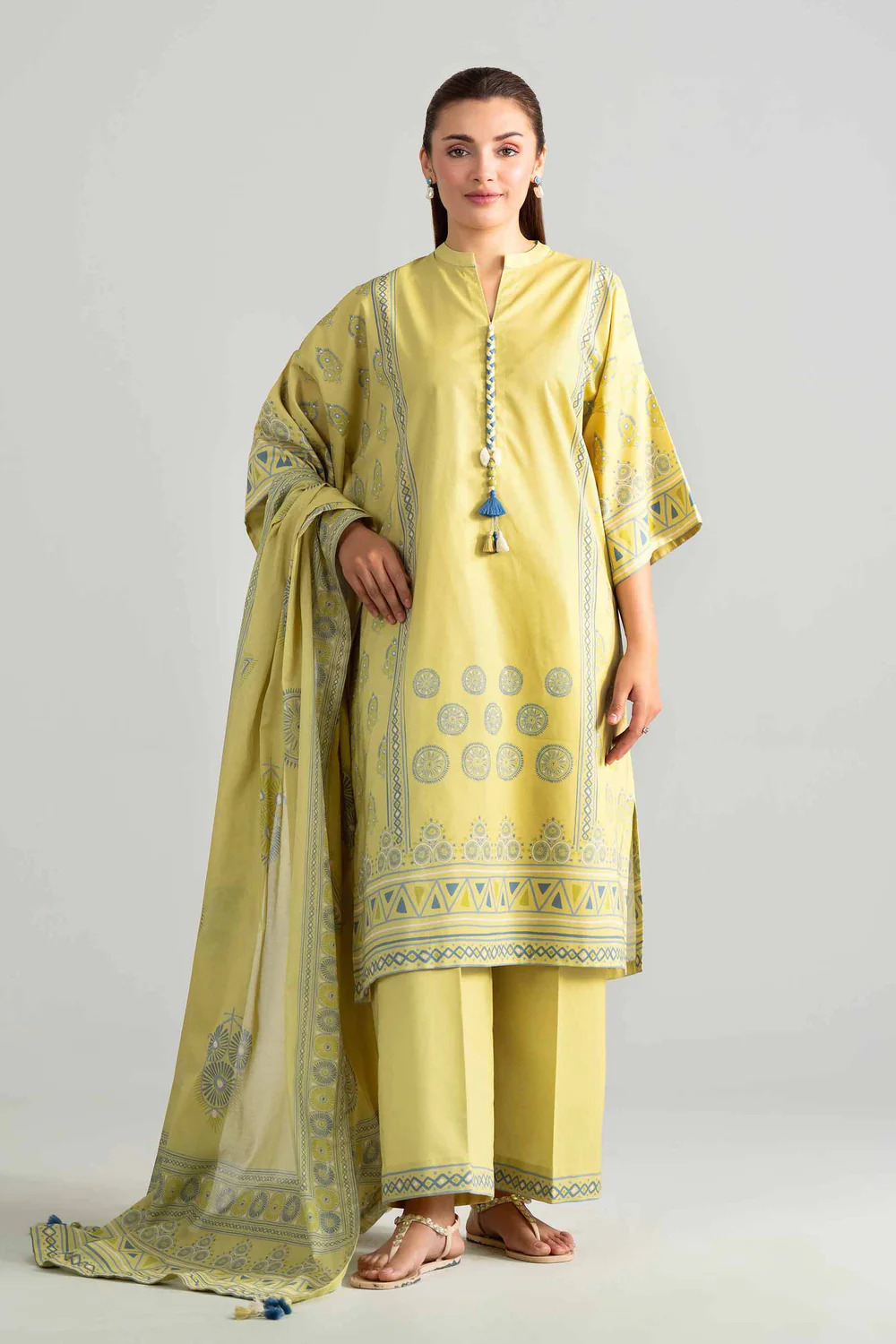 Pakistani Nishat Linen Unstitched Lawn Three Piece - Yellow Olive 1