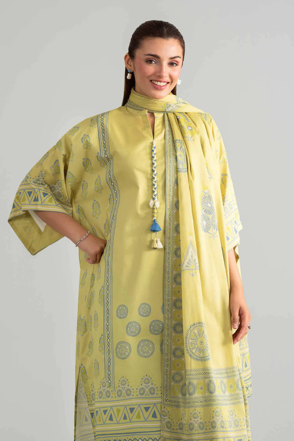 Pakistani Nishat Linen Unstitched Lawn Three Piece - Yellow Olive 4