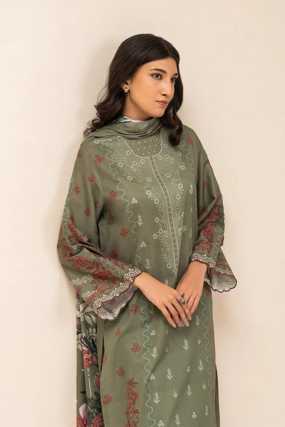 Pakistani Beechtree Lawn Unstitched Three Piece- Deep Olive 1