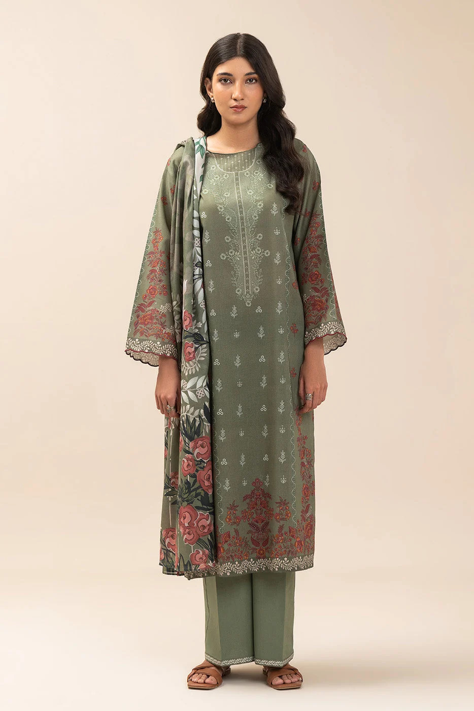 Pakistani Beechtree Lawn Unstitched Three Piece- Deep Olive 2