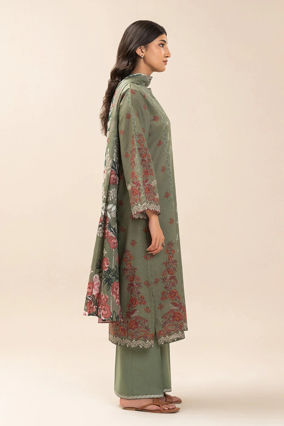 Pakistani Beechtree Lawn Unstitched Three Piece- Deep Olive 3