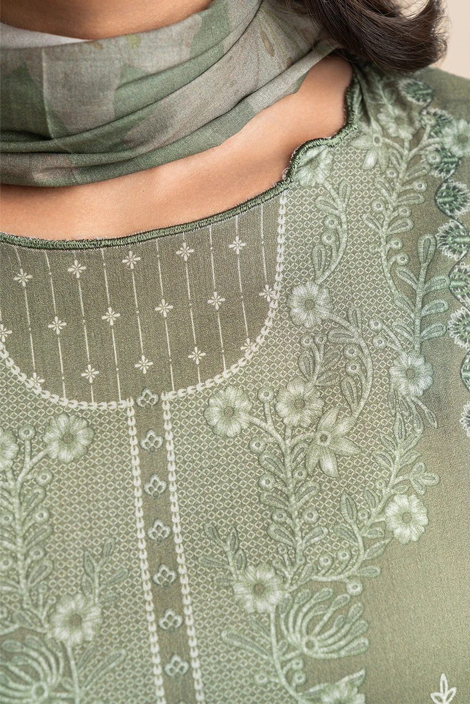 Pakistani Beechtree Lawn Unstitched Three Piece- Deep Olive 5